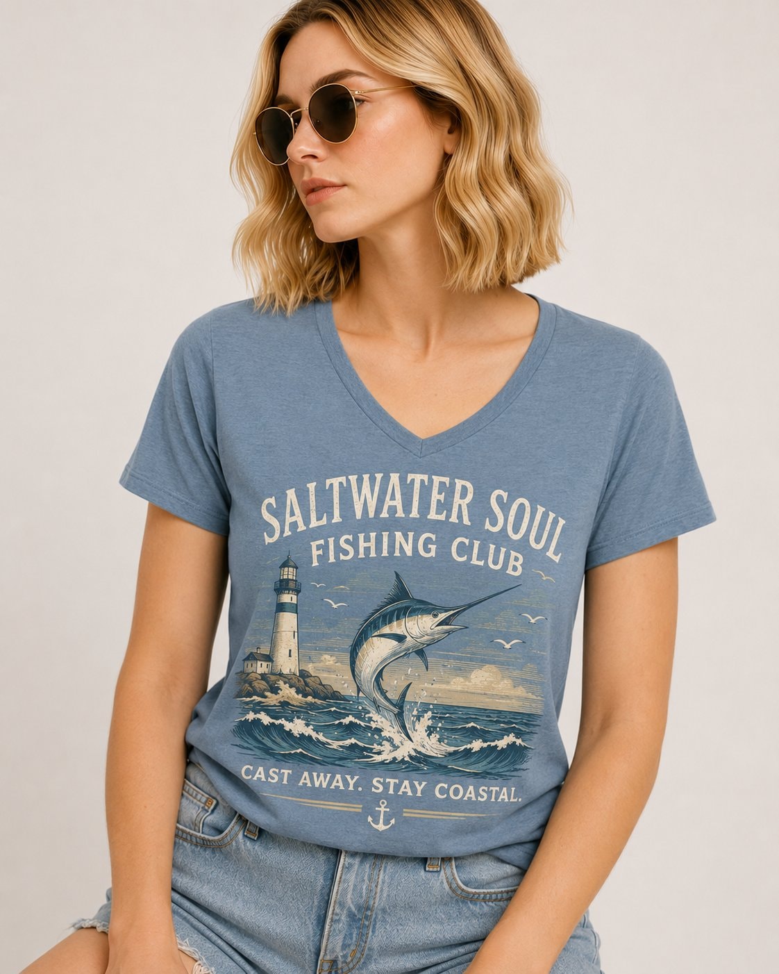 Saltwater Soul Fishing Club Women's V-Neck T-Shirt-Dusty Blue-1