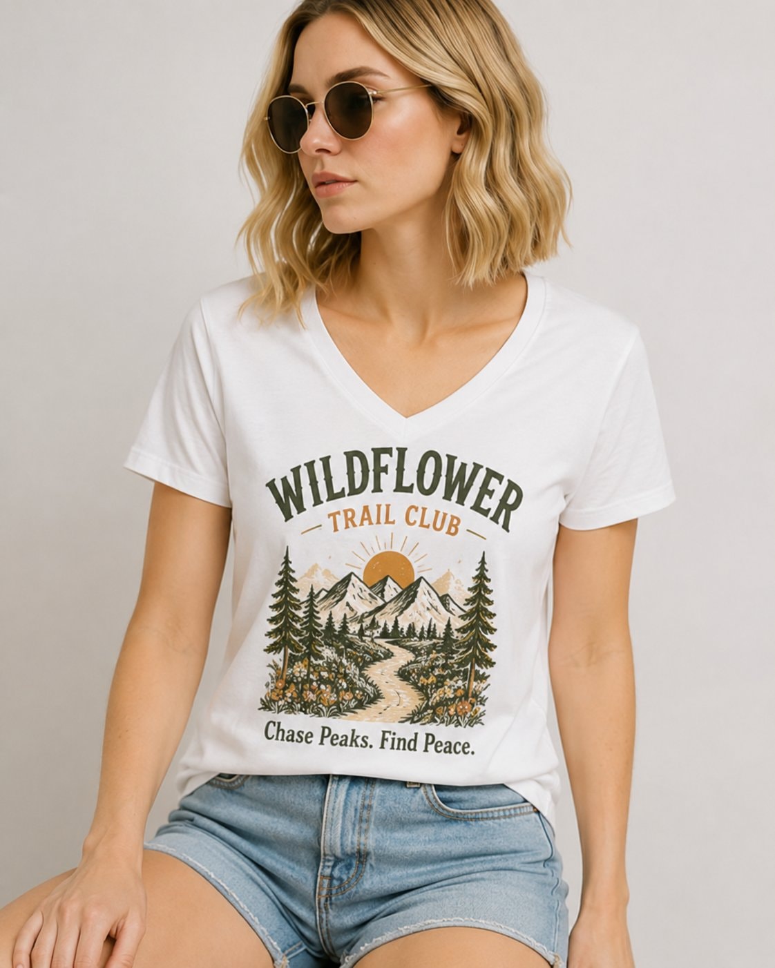 Wildflower Trail Club Women's V-Neck T-Shirt-White-1