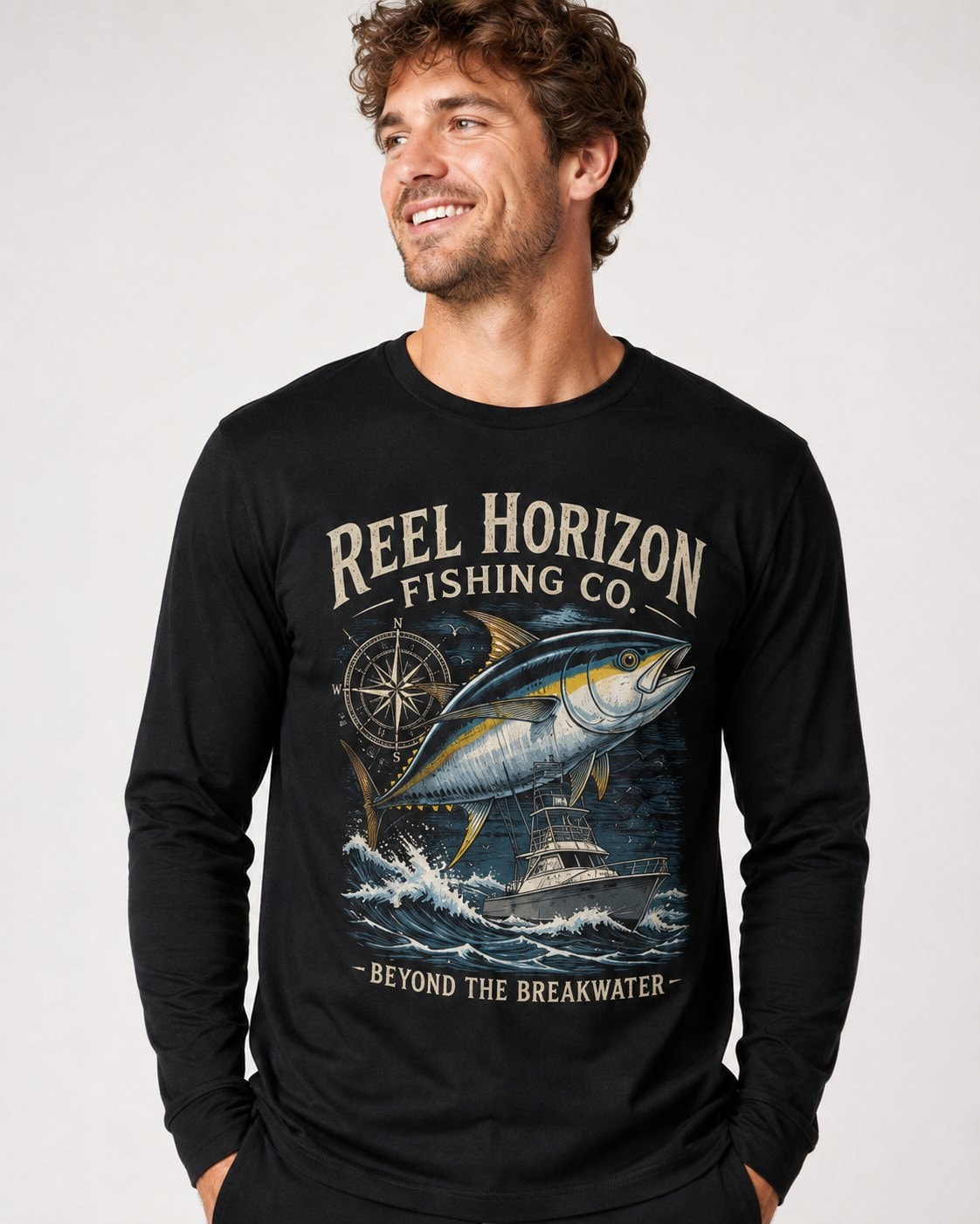 Reel Horizon Fishing Co. Men's Long Sleeve Shirt-Black-2