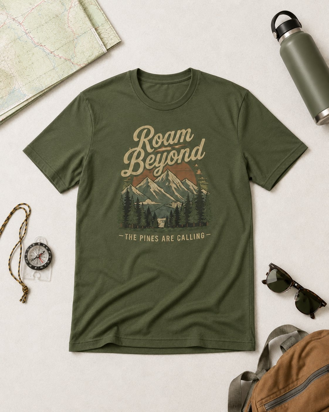 Roam Beyond the Pines Men's T-Shirt-Military Green-4
