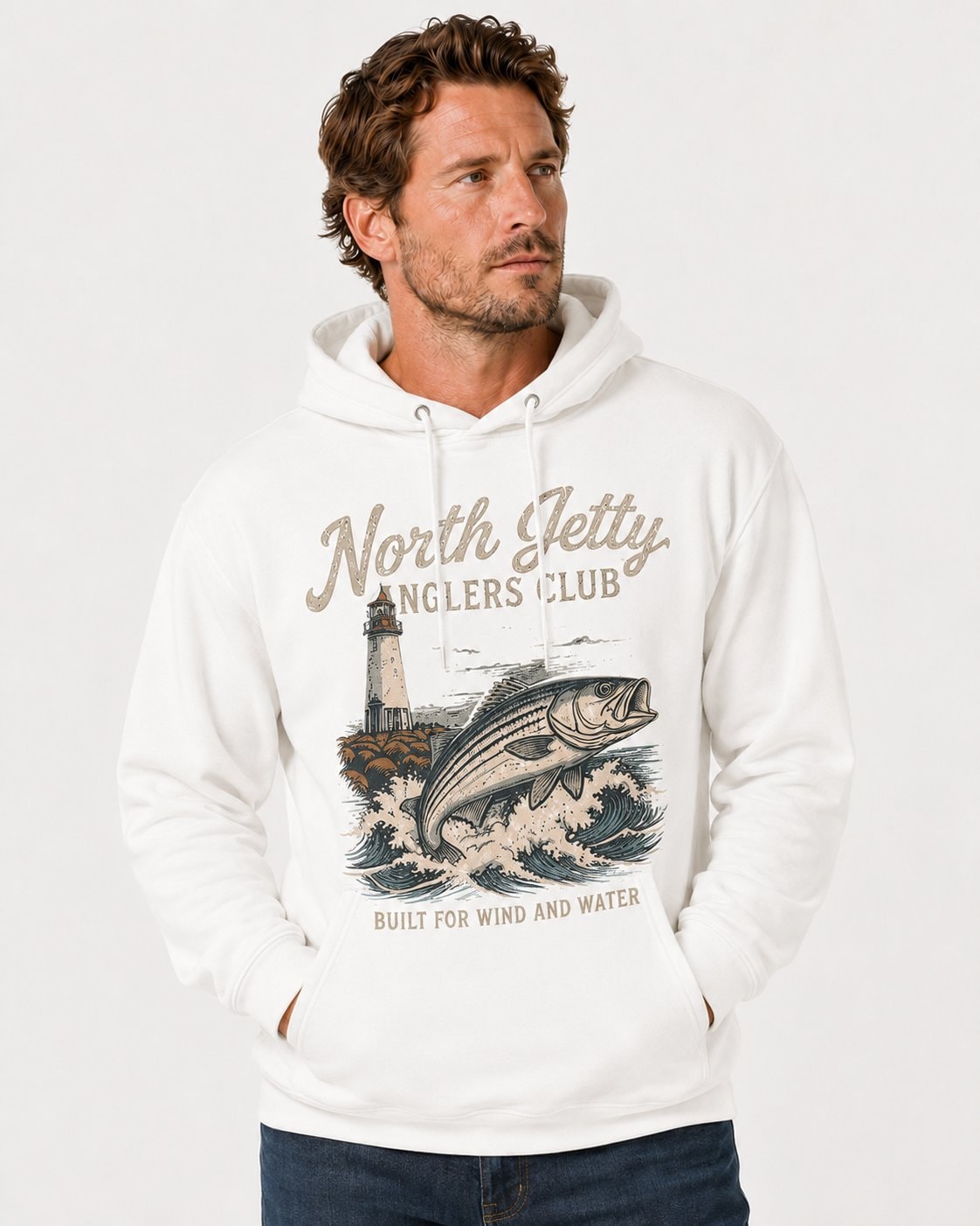 North Jetty Anglers Club Men's Hoodie-White-2