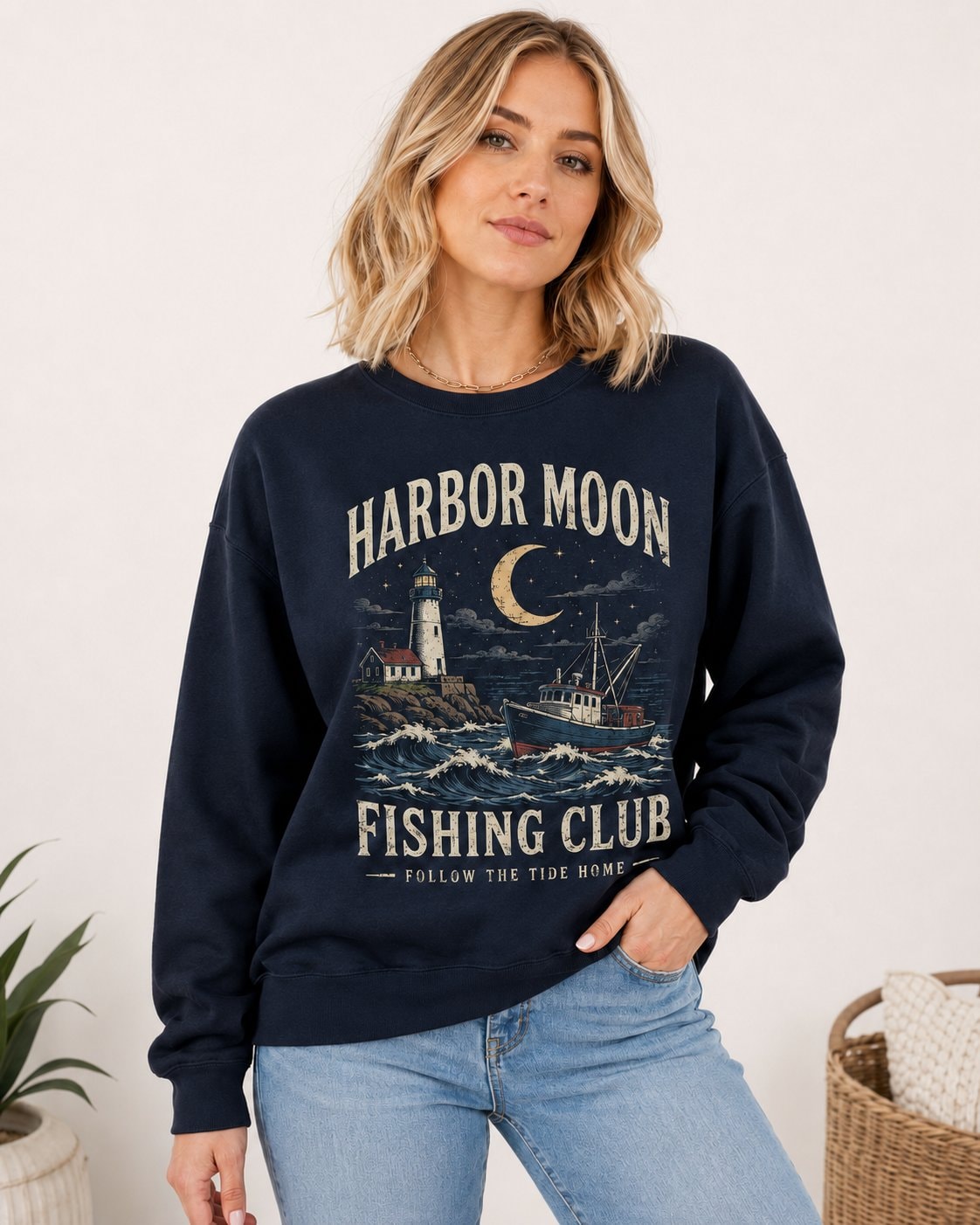 Harbor Moon Fishing Club Women's Sweatshirt-Navy-1