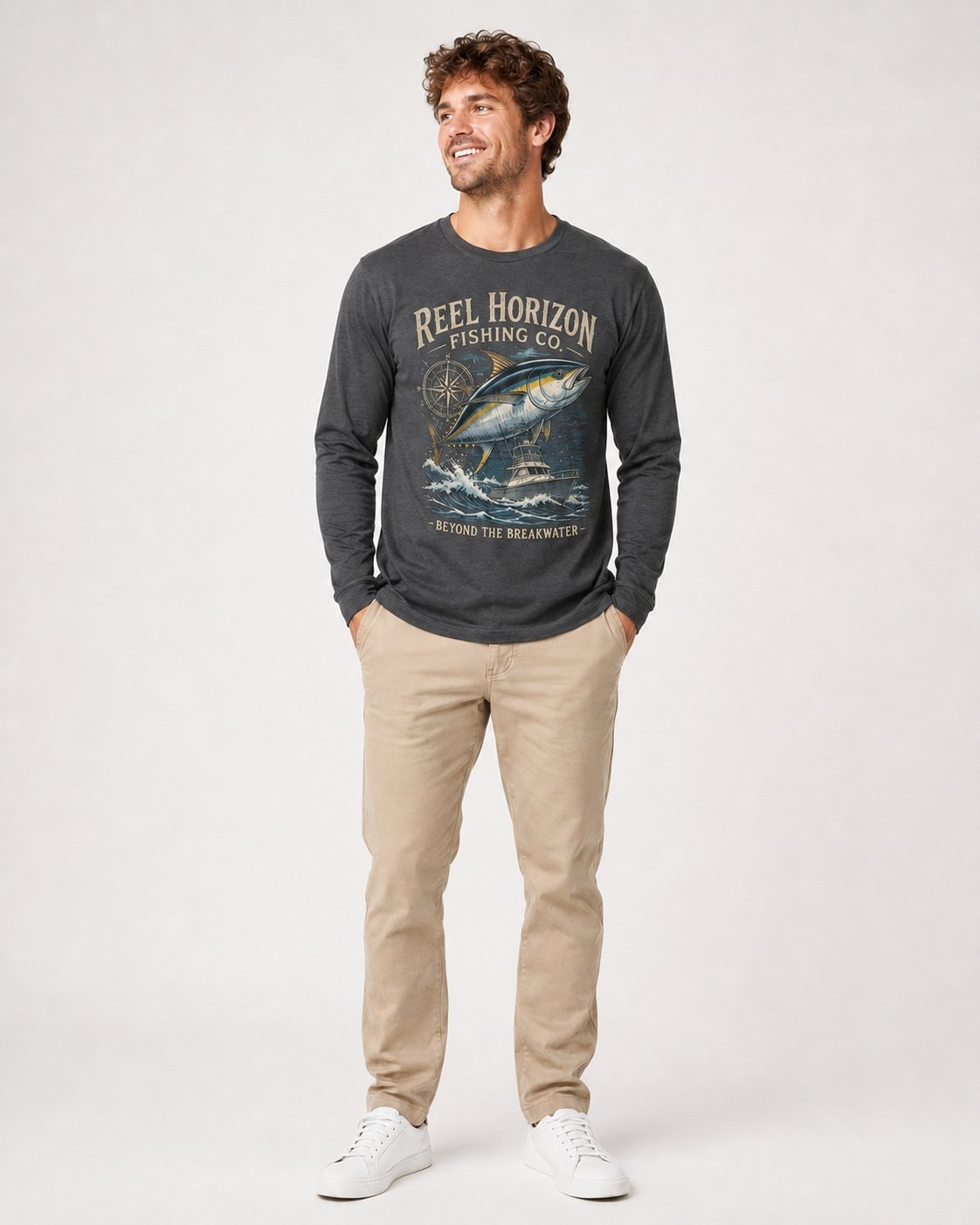Reel Horizon Fishing Co. Men's Long Sleeve Shirt-Charcoal-1