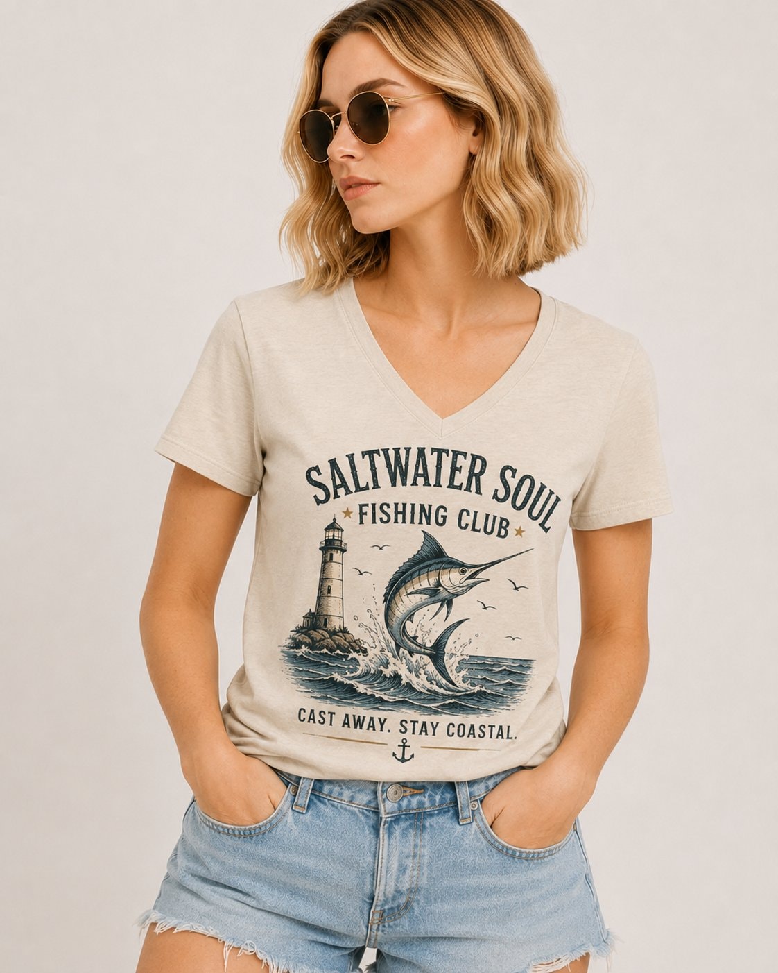 Saltwater Soul Fishing Club Women's V-Neck T-Shirt-Sand-1