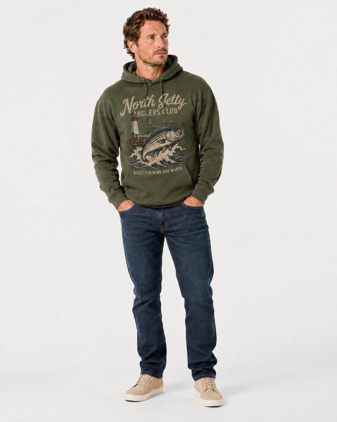 North Jetty Anglers Club Men's Hoodie-Military Green-1