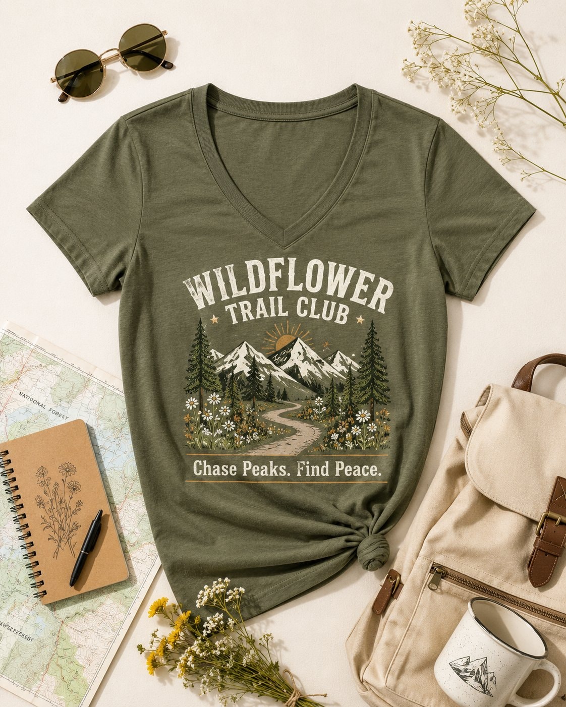 Wildflower Trail Club Women's V-Neck T-Shirt-Military Green-4