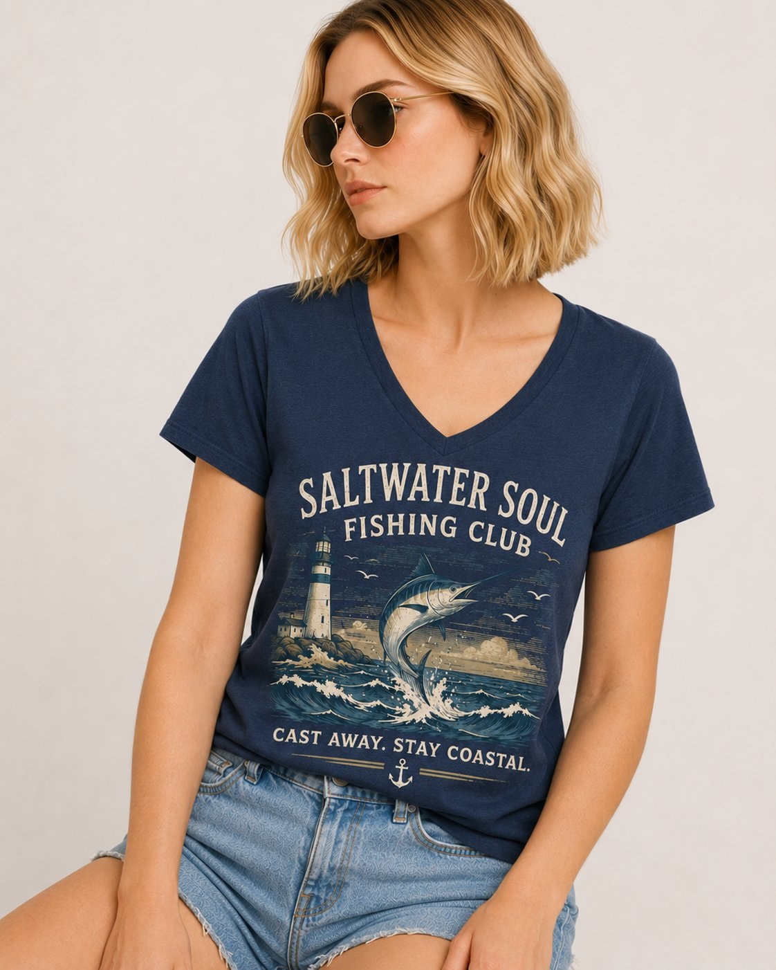 Saltwater Soul Fishing Club Women's V-Neck T-Shirt-Navy-1