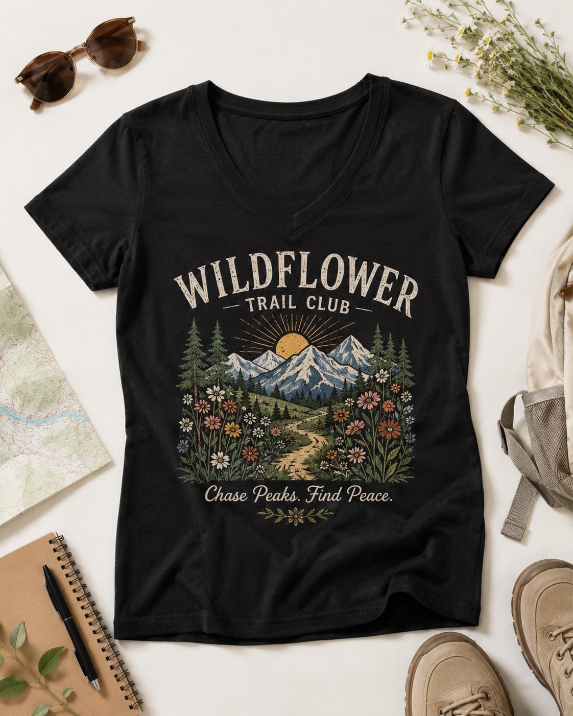 Wildflower Trail Club Women's V-Neck T-Shirt-Black-4