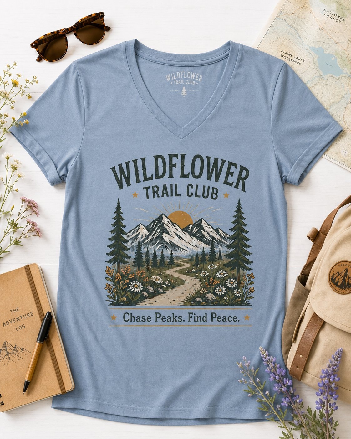 Wildflower Trail Club Women's V-Neck T-Shirt-Dusty Blue-4