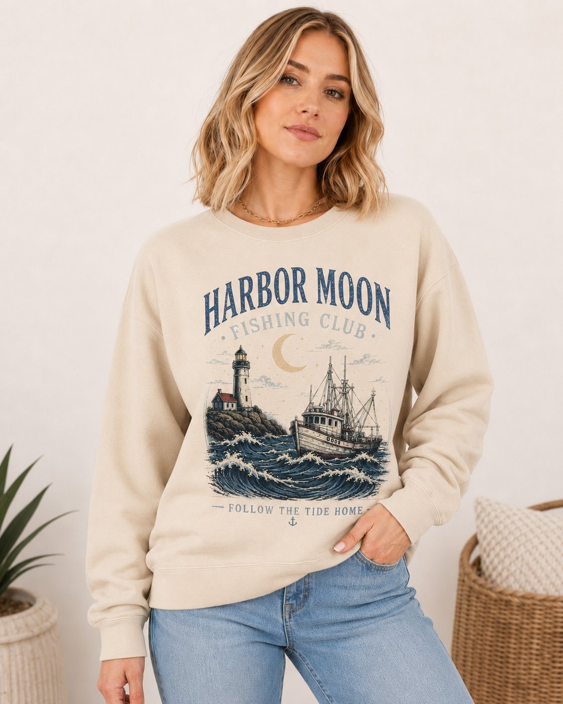 Harbor Moon Fishing Club Women's Sweatshirt-Sand-1