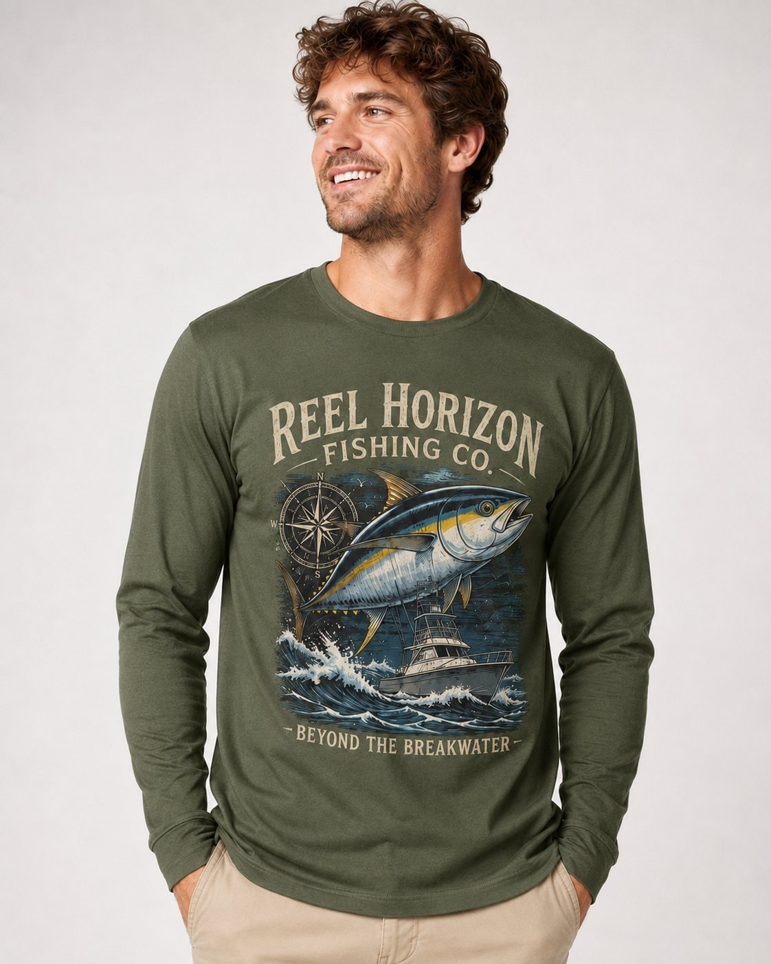 Reel Horizon Fishing Co. Men's Long Sleeve Shirt-Military Green-1
