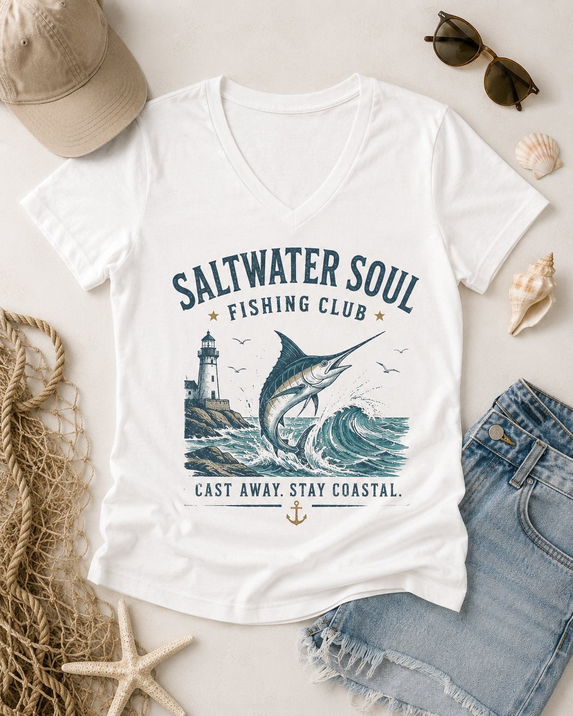 Saltwater Soul Fishing Club Women's V-Neck T-Shirt-White-4