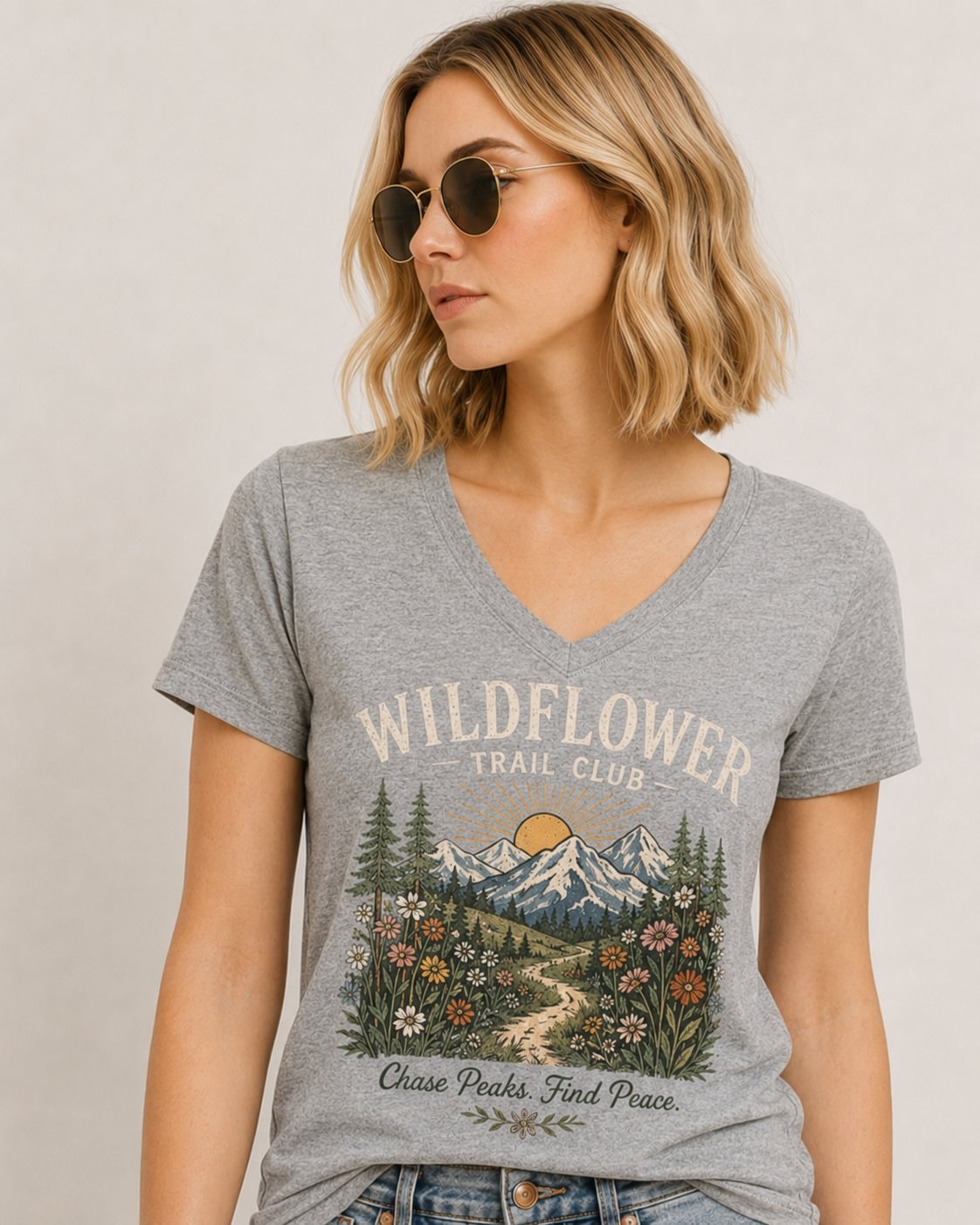 Wildflower Trail Club Women's V-Neck T-Shirt-Heather Grey-1