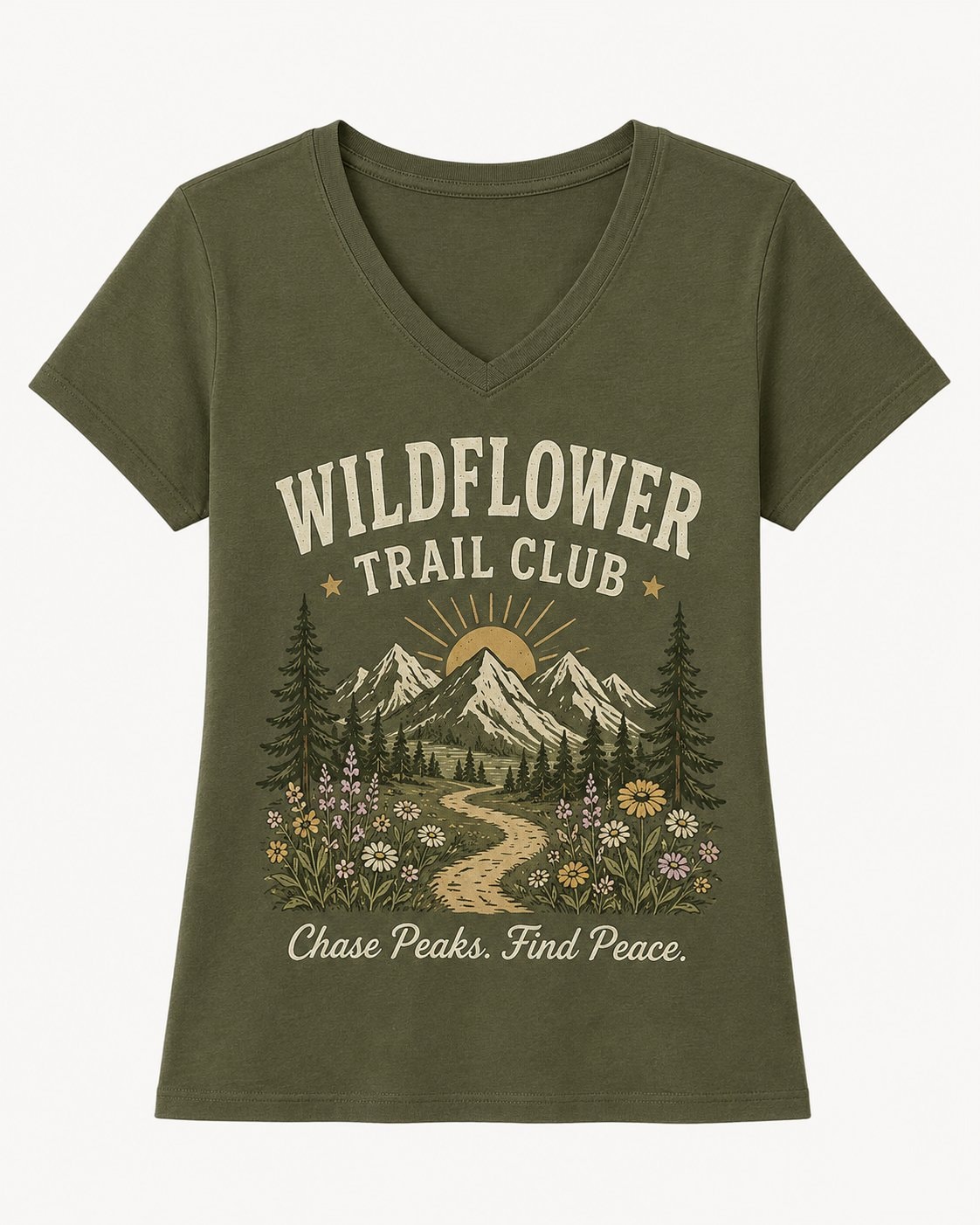 Wildflower Trail Club Women's V-Neck T-Shirt-Military Green-3