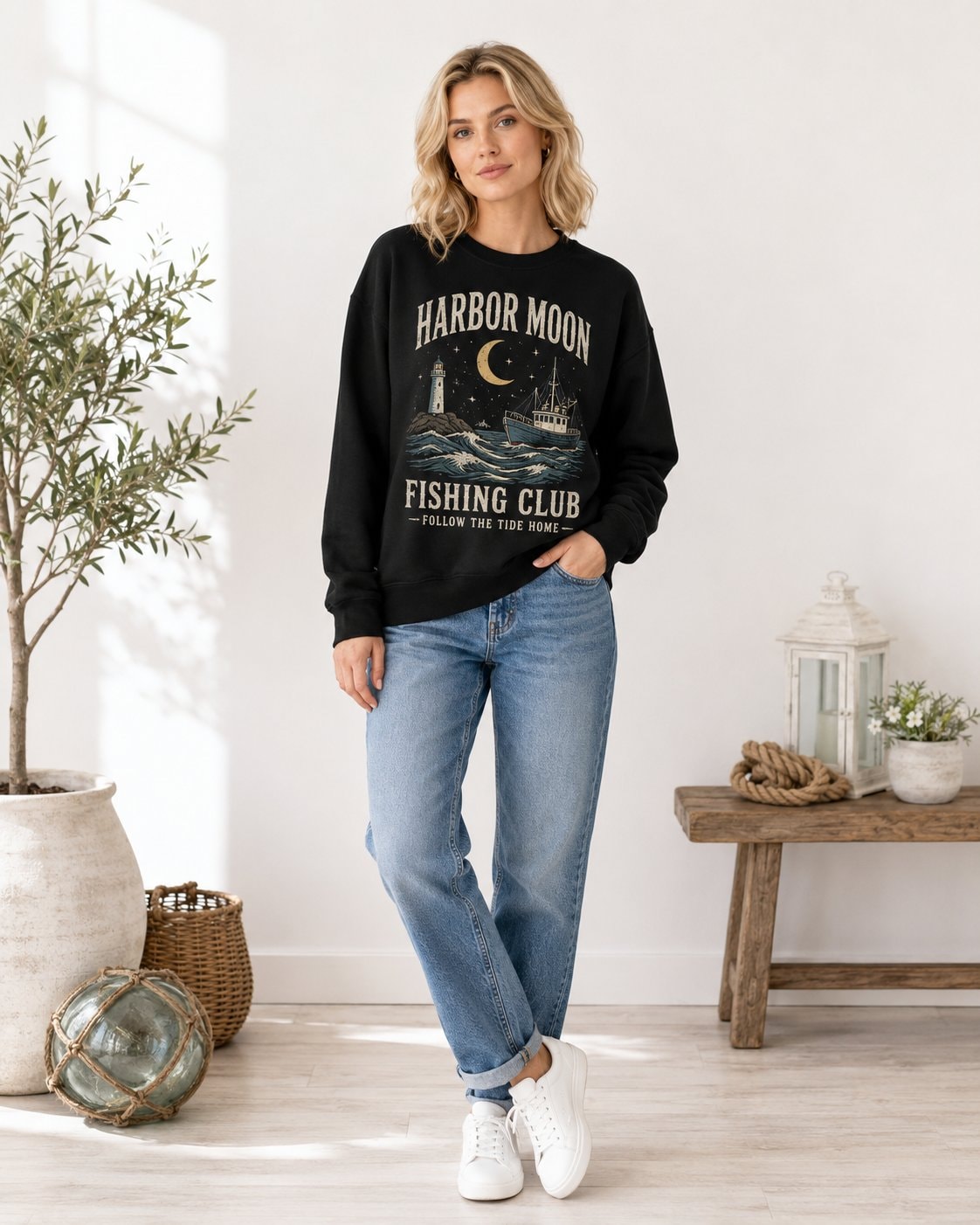 Harbor Moon Fishing Club Women's Sweatshirt-Black-2