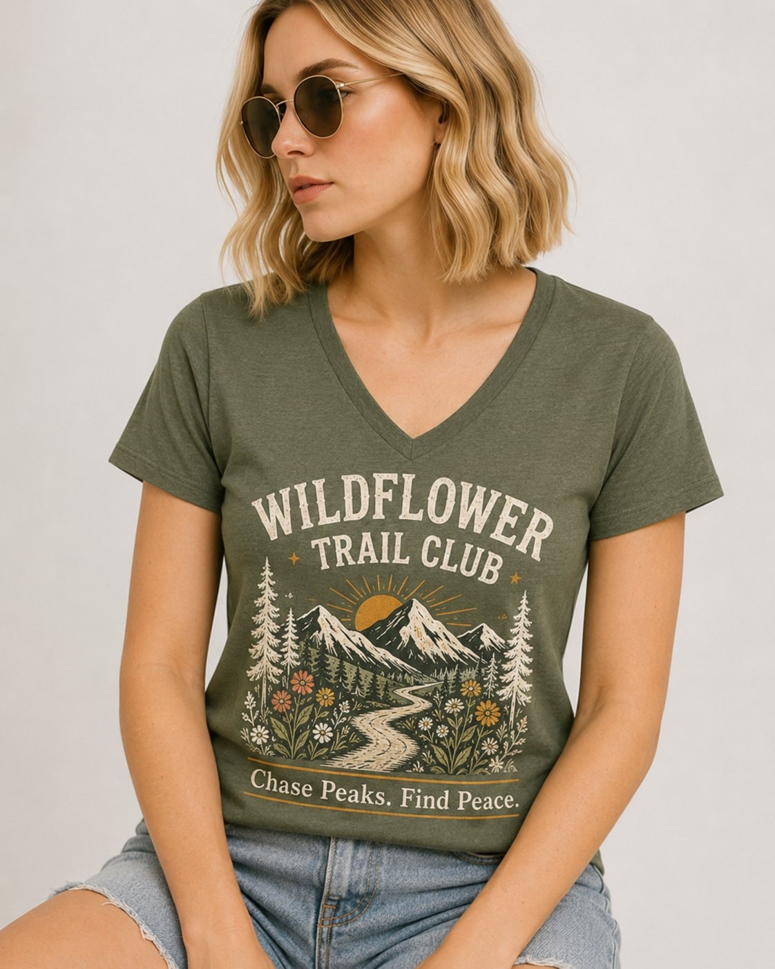 Wildflower Trail Club Women's V-Neck T-Shirt-Military Green-1