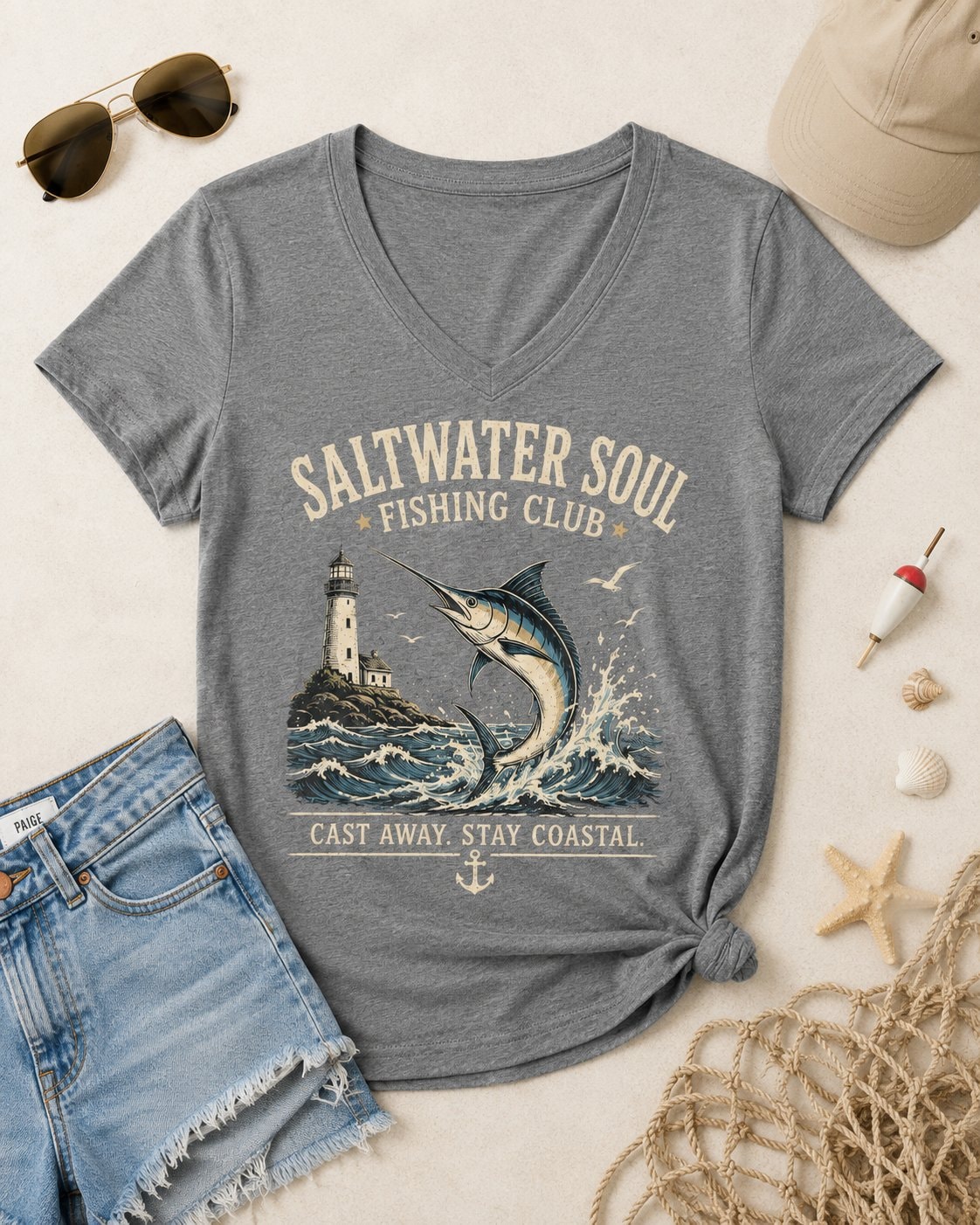 Saltwater Soul Fishing Club Women's V-Neck T-Shirt-Heather Grey-4