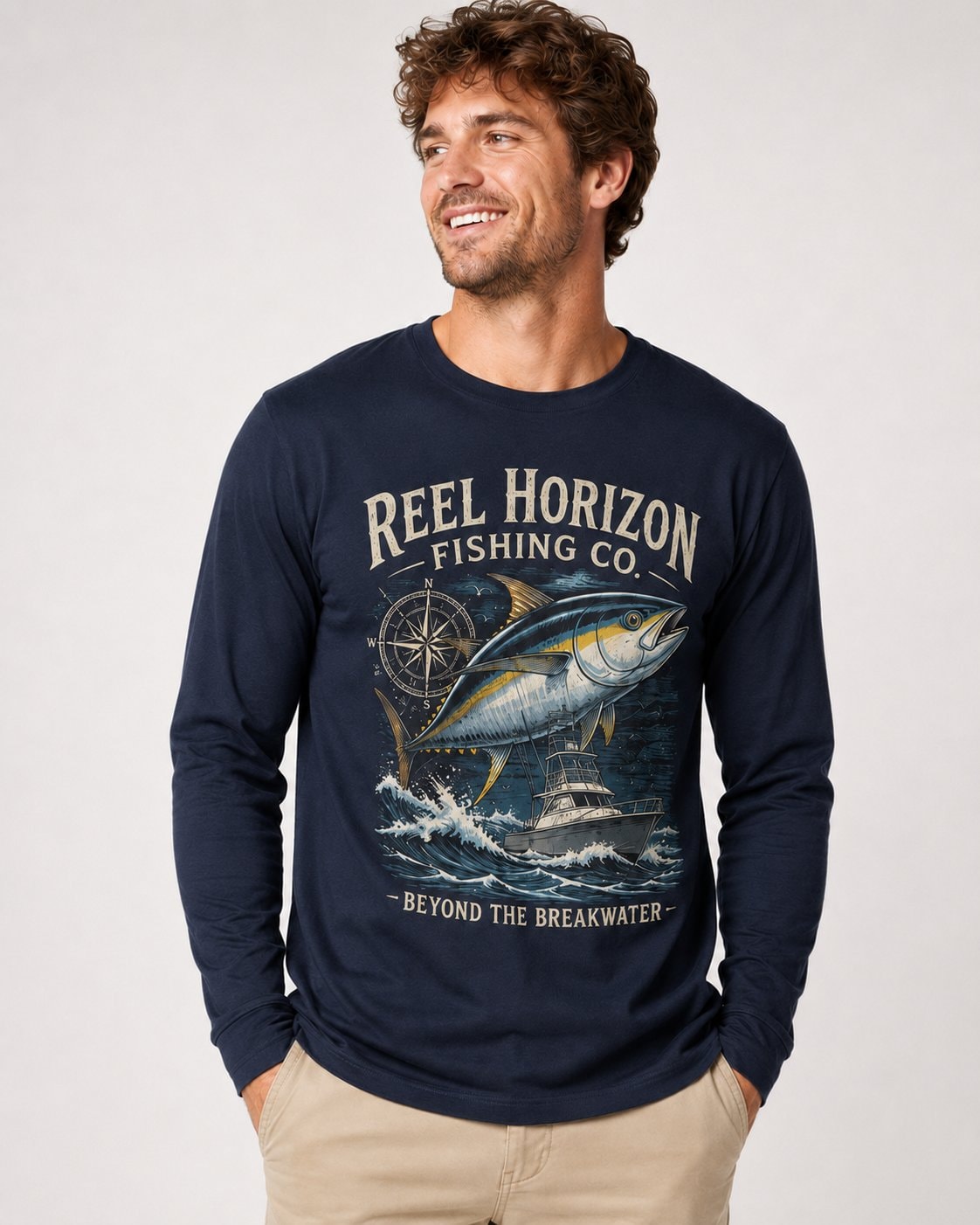 Reel Horizon Fishing Co. Men's Long Sleeve Shirt-Navy-1