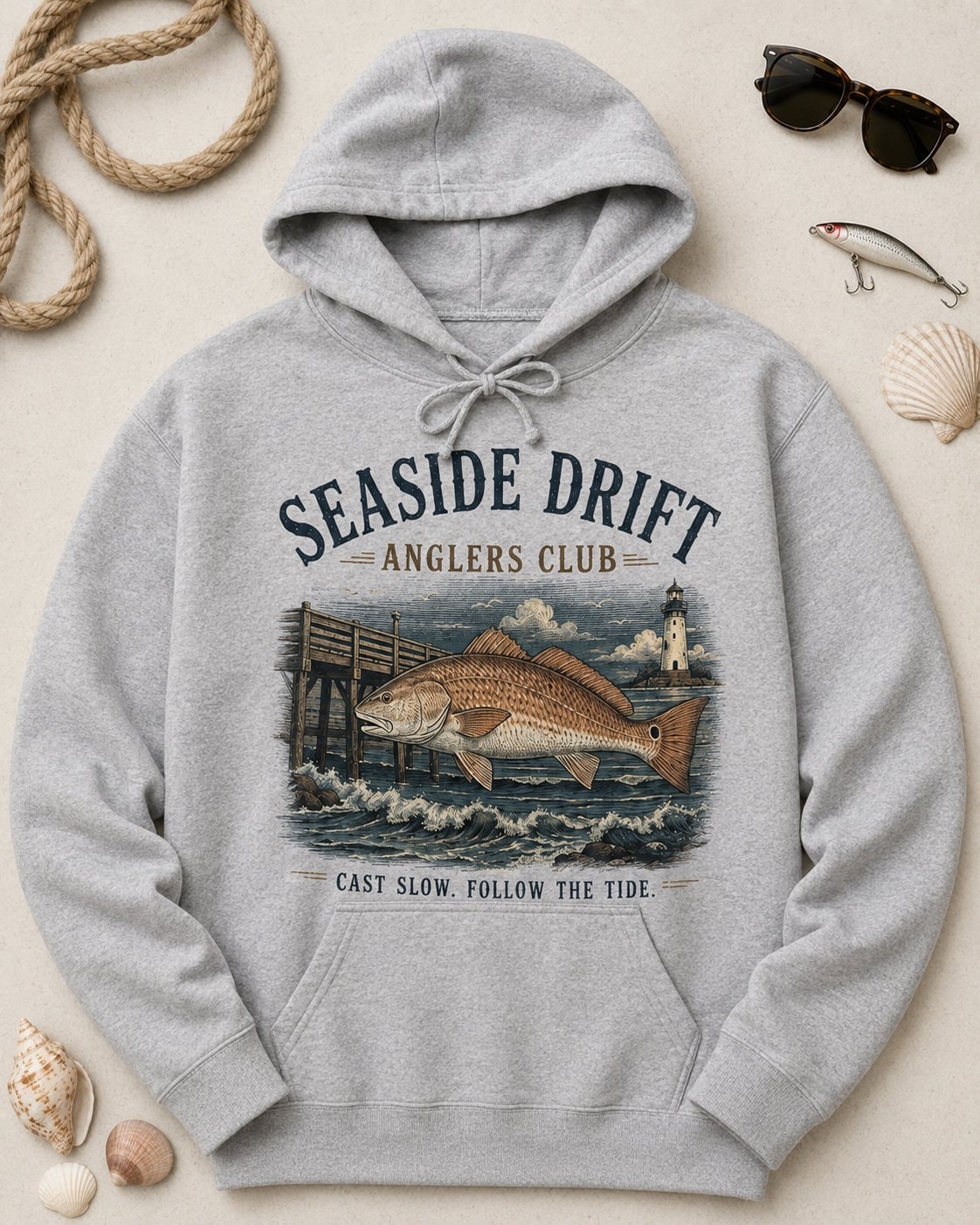 Seaside Drift Anglers Club Women's Hoodie-Heather Grey-4