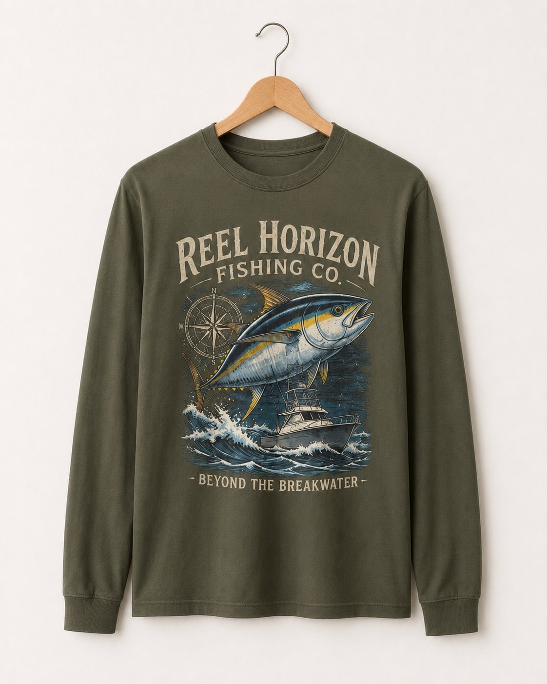 Reel Horizon Fishing Co. Men's Long Sleeve Shirt-Military Green-3