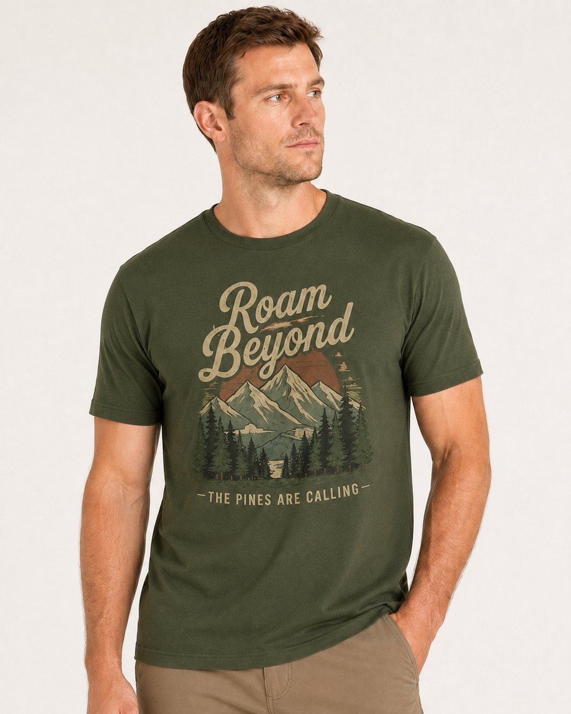 Roam Beyond the Pines Men's T-Shirt-Military Green-2