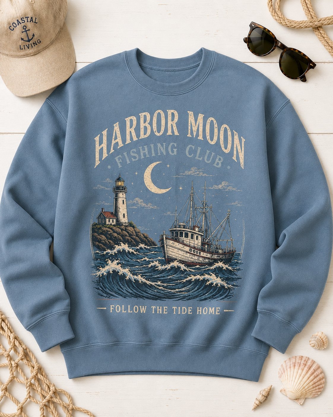 Harbor Moon Fishing Club Women's Sweatshirt-Dusty Blue-4
